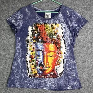 Artistic Buddha Print Short Sleeve Tee - Purple